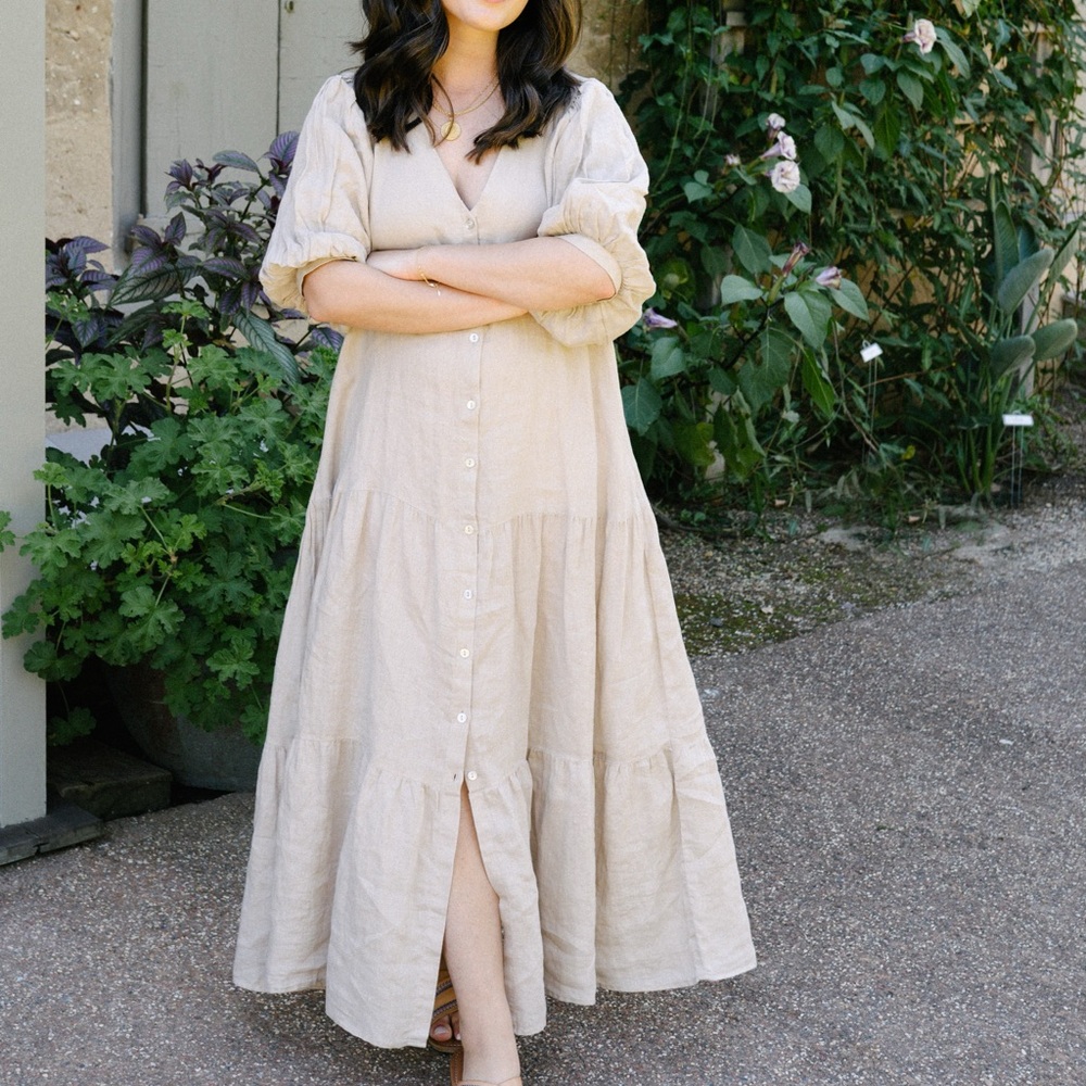 Mango linen puff sleeve button down dress